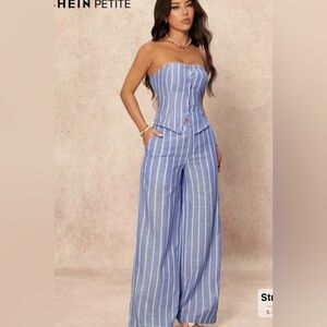 SHEIN Petite Blue and White Striped Wide Leg 2 piece